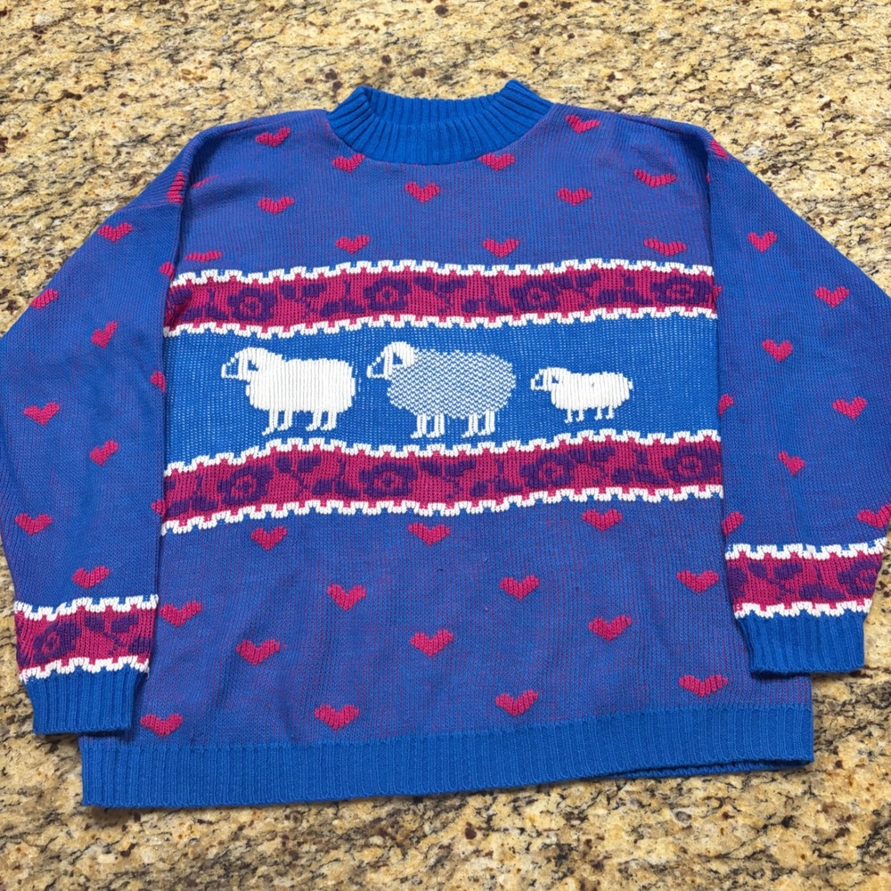 Vintage Private Eyes Sheep Heart Knit Sweater Blue Pink Made in USA Women Large